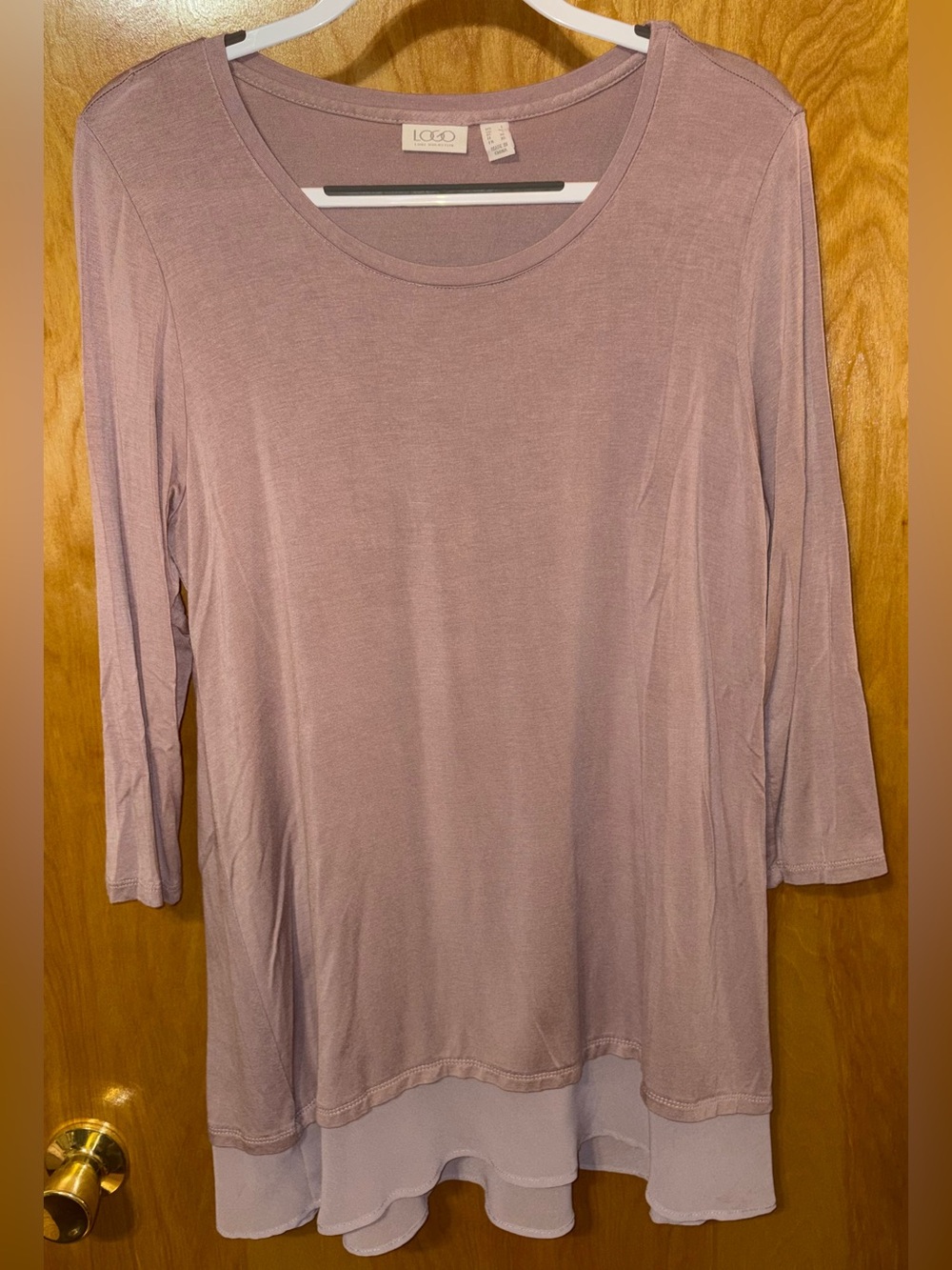 LOGO by Lori Goldstein taupe brown knit 3/4 sleeve tunic with chiffon Size Large